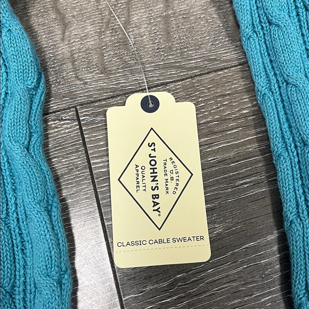 NWT Women’s St. John's Bay Turquoise V-Neck Classic Cable Sweater Size S - Picture 3 of 5